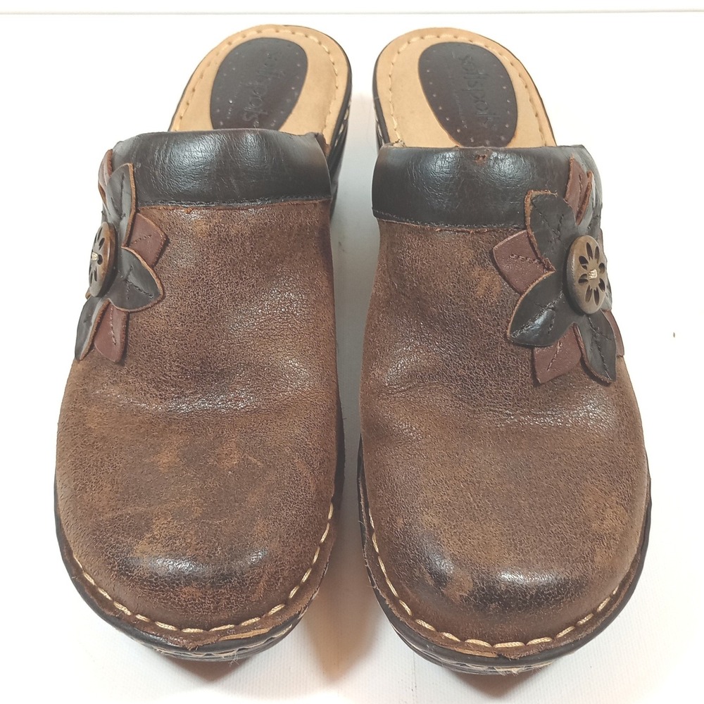 Softspots Womens 9M Brown Leather Clogs Floral Applique Comfort Cushion Mules
